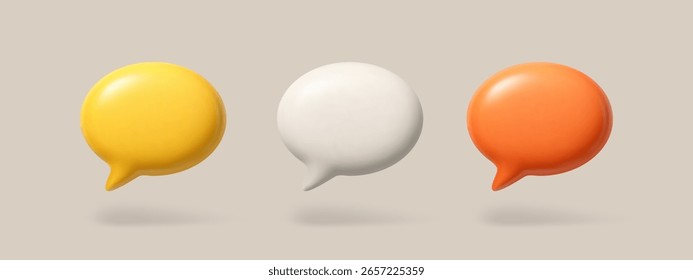 Three colorful 3d speech bubble vector with shadow. Empty thought balloon for social communication and message exchange concept.