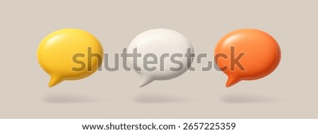Three colorful 3d speech bubble vector with shadow. Empty thought balloon for social communication and message exchange concept.