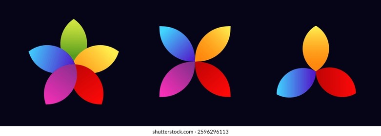 Three colorful abstract designs featuring five, four, and three overlapping petals in vibrant hues.