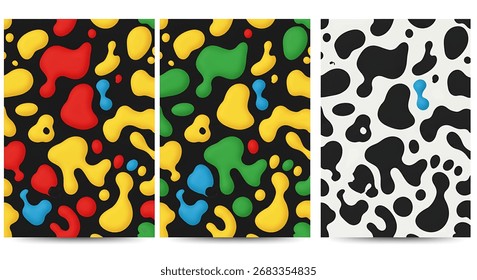 Três padrões abstratos coloridos com formas de bolhas e planos de fundo contrastantes.