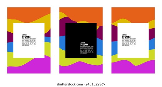 Three colorful abstract posters with empty frames in the center.