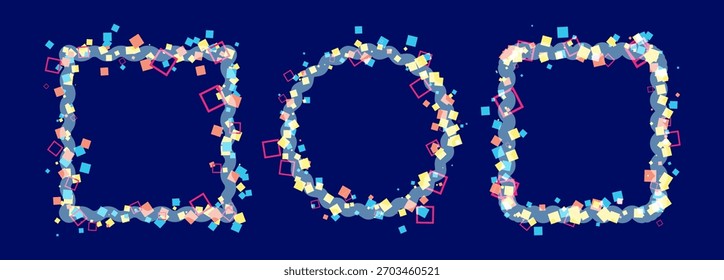 Three colorful, abstract, and textured frames made of small, scattered particles on a dark blue background