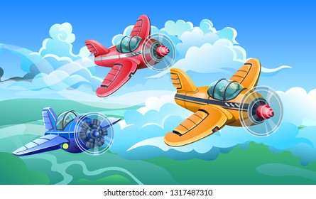 Three colorful aircrafts fly in the sky among the clouds. Vector illustration.