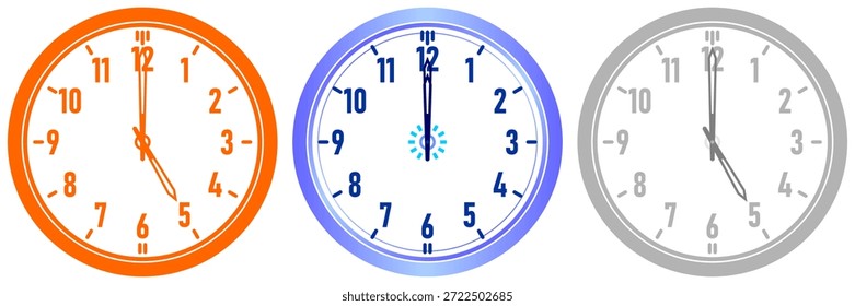 Tres coloridos relojes de pared analógicos en naranja, azul y gris, cada uno mostrando una hora diferente con un diseño minimalista limpio.