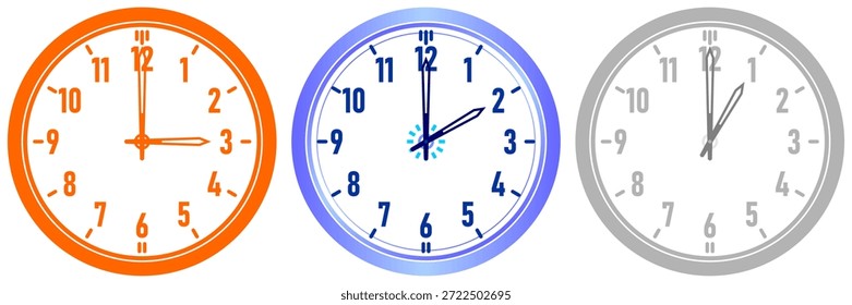 Três relógios de parede analógicos coloridos em laranja, azul e cinza, cada um mostrando uma hora diferente com um design minimalista limpo.