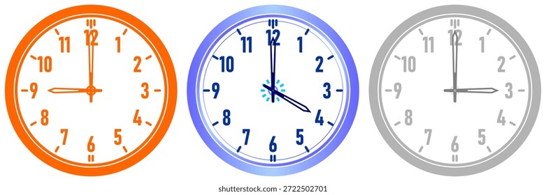 Três relógios de parede analógicos coloridos em laranja, azul e cinza, cada um mostrando uma hora diferente com um design minimalista limpo.