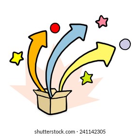 three colorful arrow jumping outside the box/ cartoon vector and illustration, hand drawn style, isolated on white background.