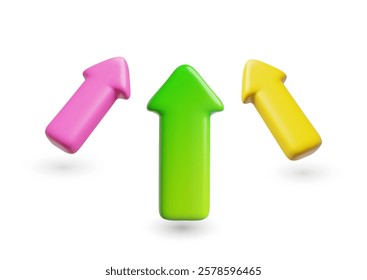 Three colorful arrows growth trend 3D cartoon plastic style icon. Vector render illustration of glossy up direction pointer cursors with shadow. Increase progress chart graph. Interface button