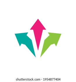 Three colorful arrows up point Three-way direction. Right, left, forward pointer. Expand Arrows icon. Outward Directions, variants icon. Vector illustration. Isolated on white. 