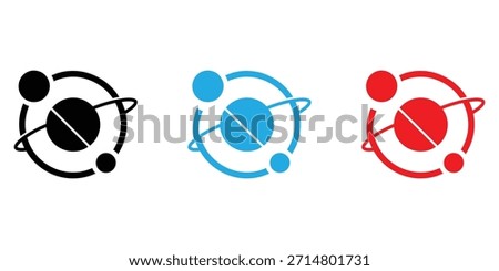 Three colorful atomic orbit logos in black, blue, and red on white background