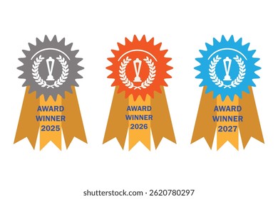 Three colorful award ribbons, each with a different color, representing winners for the years 2025, 2026, and 2027.