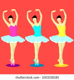 Three colorful ballerinas on red background