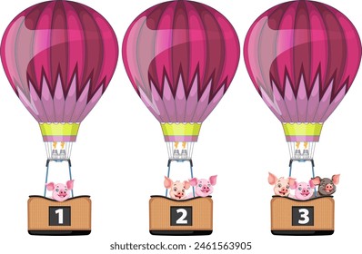 Three colorful balloons carrying cute piglets