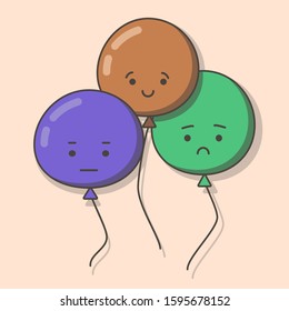 Three colorful balloons with different emotions: poker face, happiness and sad.