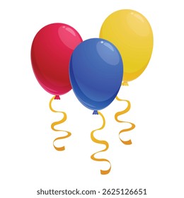 Three colorful balloons are floating with golden ribbons creating a festive atmosphere