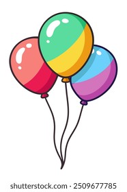 Three colorful balloons fly in the air on a white background
