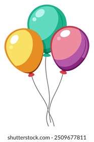 Three colorful balloons fly in the air on a white background