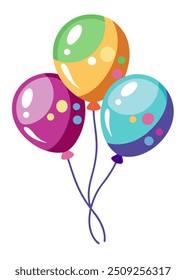 Three colorful balloons are flying in the air against white