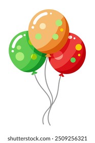 Three colorful balloons are flying in the air on a white bg