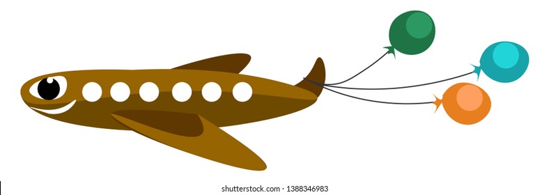 Three colorful balloons  green  blue  and orange  tied to the fin or vertical stabilizer of the happy plane   vector  color drawing or illustration