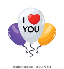 Three colorful balloons with I love you expressing love and celebration.