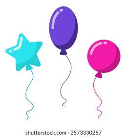 Three colorful balloons on a white background. Vector illustration for children's entertainment, worksheet, print.