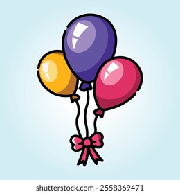 Three colorful balloons, purple, yellow, and pink, tied together with a pink ribbon. A cheerful illustration perfect for birthdays or celebrations.