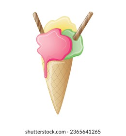 three colorful balls of ice cream in wafer cone