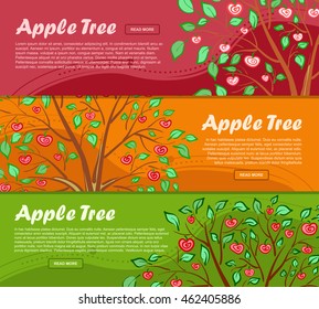 Three colorful banners with apple tree and place for your advertisement. Vector illustration