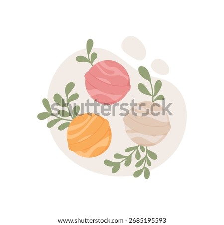 Three colorful bath bombs with organic plant elements. Concept of beauty and bodycare in a spa setting, flat design with cartoon graphic style, suitable for cosmetic product representations.