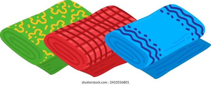 Three colorful beach towels rolled up. Red, blue, and green patterned towels for summer vacation. Beach accessories and summer holiday vector illustration.