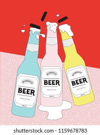 Three colorful beer bottles illustration with pop art style. Beer festival.