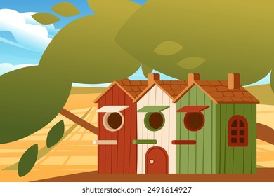 Three colorful bird houses hanging on a tree, each with a unique design. The bird houses are painted in red, green, and white, with decorative details and small perches. Vector illustration