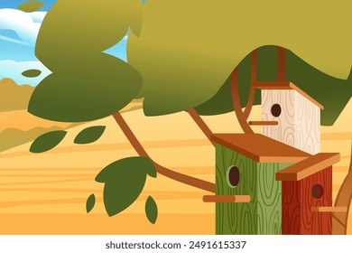 Tres coloridas casas de pájaros colgadas en un árbol, cada una con un diseño único. El pajarero presenta un diseño tradicional con una entrada redonda. Ilustración vectorial