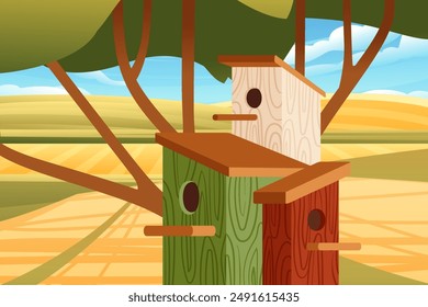 Tres coloridas casas de pájaros colgadas en un árbol, cada una con un diseño único. El pajarero presenta un diseño tradicional con una entrada redonda. Ilustración vectorial