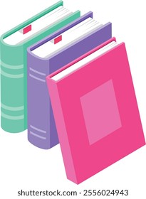Three colorful books, featuring bookmarks, are arranged together, offering an isometric perspective that highlights their vibrant hues and organized presentation