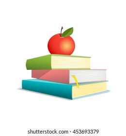 Three colorful books are located one above the other. Apple lays on a pile of books. Vector illustration. Comic style. Isolated. On a white background.