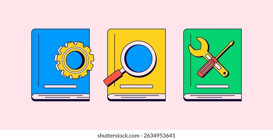 Three colorful books for manuals or guides cartoon illustration, with Each book has a distinct cover icon a gear, magnifying glass and tools illustration vector