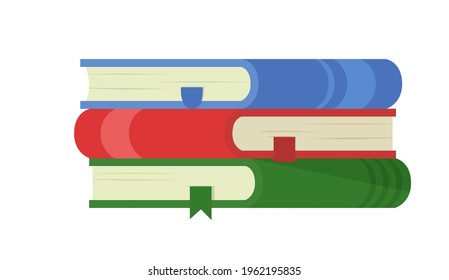 Three colorful books on white background isolated vector illustration. Textbooks for students, vocabulary and encyclopedia. Bookmarked pages. 