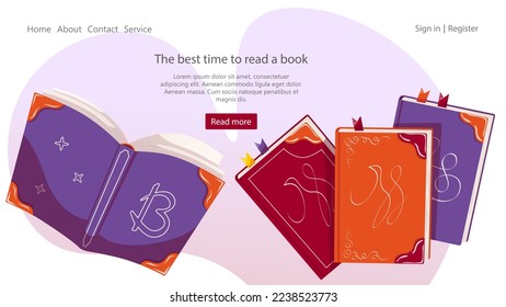 Three colorful books and one open book. Book lover, reading, book store, library, education concept. Vector illustration for flyer, poster, banner, website development.