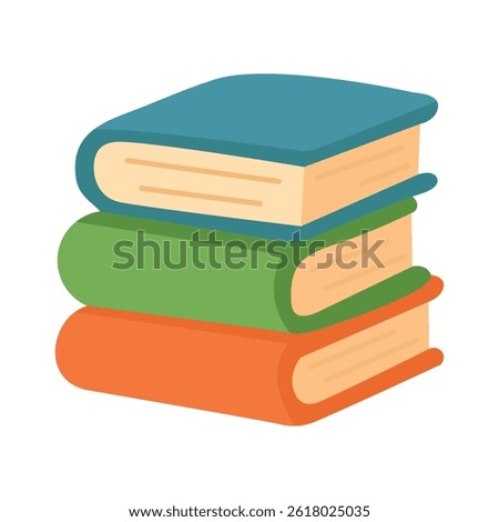 Three colorful books stacked vertically. Cute flat cartoon style illustration, perfect for school, reading, or library themes.