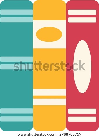 Three colorful books stand upright, spines facing front. Teal book has horizontal stripes. Yellow book has oval shape. Simple design, clean lines, modern style. Perfect for education, reading, library