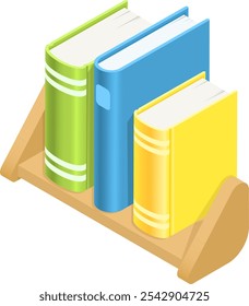 Three colorful books are standing upright on a small, simple wooden bookshelf, representing a modern and organized approach to library storage or personal book collections