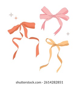 Three colorful bows – pink, orange, and yellow. Cute decorative ribbons for gift design, greeting cards, and festive projects. Isolated on white background.