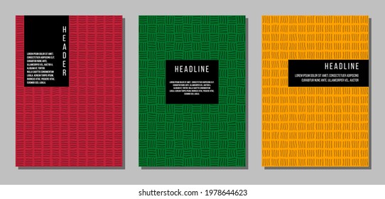 three colorful brochure or notepad covers set in minimalism stile