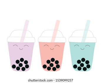 Three colorful bubble tea cups isolated on white background
