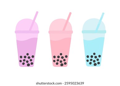Three colorful bubble tea cups isolated on white background