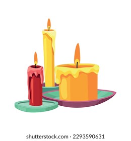 Three colorful burning wax candles flat vector illustration