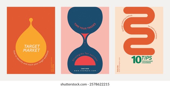 Three colorful business poster with abstract design. Business tips, strategies, and market targeting are highlighted. Bold, modern, and eye-catching designs. Retro pastel branding template vector set.