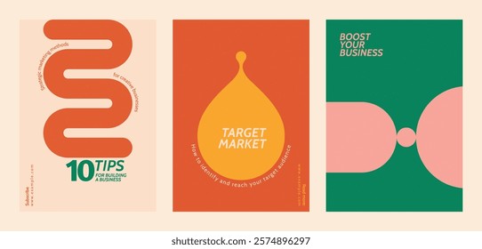 Three colorful business posters with bold text. Tips for business, target market strategies, and boosting business growth. Vibrant, modern design. Retro pastel branding template vector set.